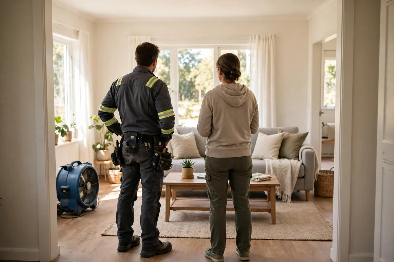 Flood Water Cleanup Guides — a homeowner reading cleanup guidance beside a drying fan after a flood