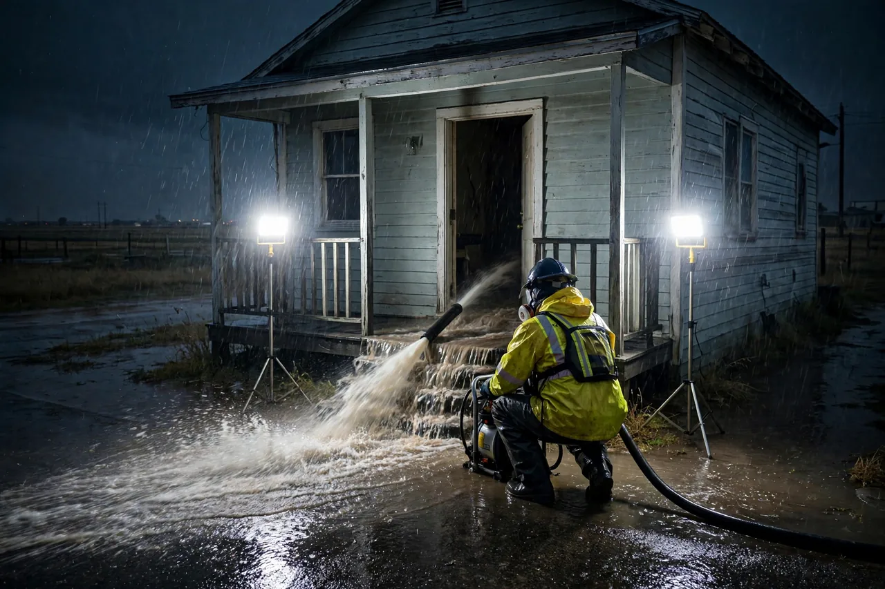 Emergency Flood Water Cleanup Abernathy, TX — pro pumping rising flood water out of a home at night