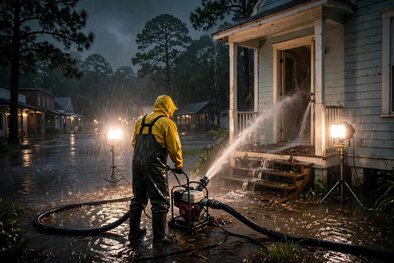 Emergency Flood Water Cleanup Abita Springs, LA — pro pumping rising flood water out of a home at night