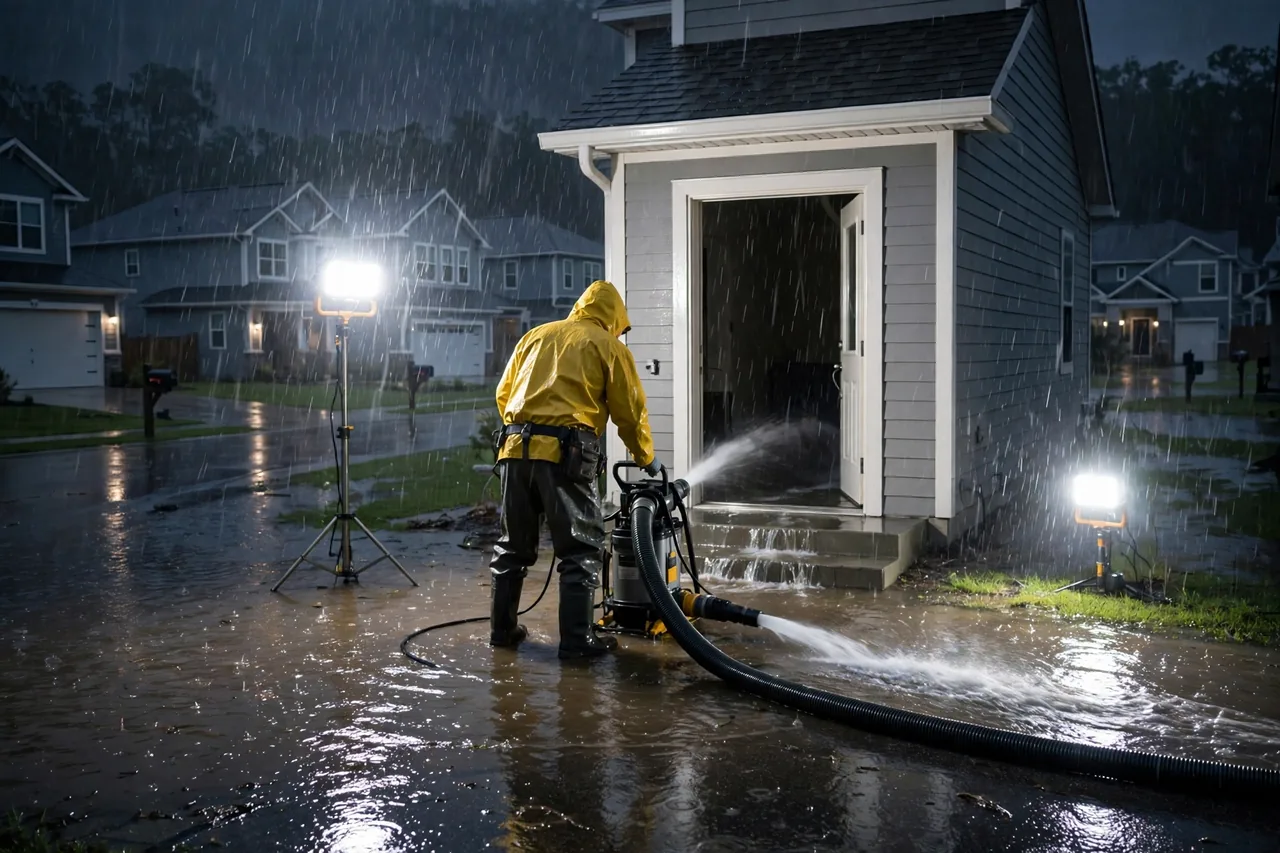 Emergency Flood Water Cleanup Addis, LA — pro pumping rising flood water out of a home at night