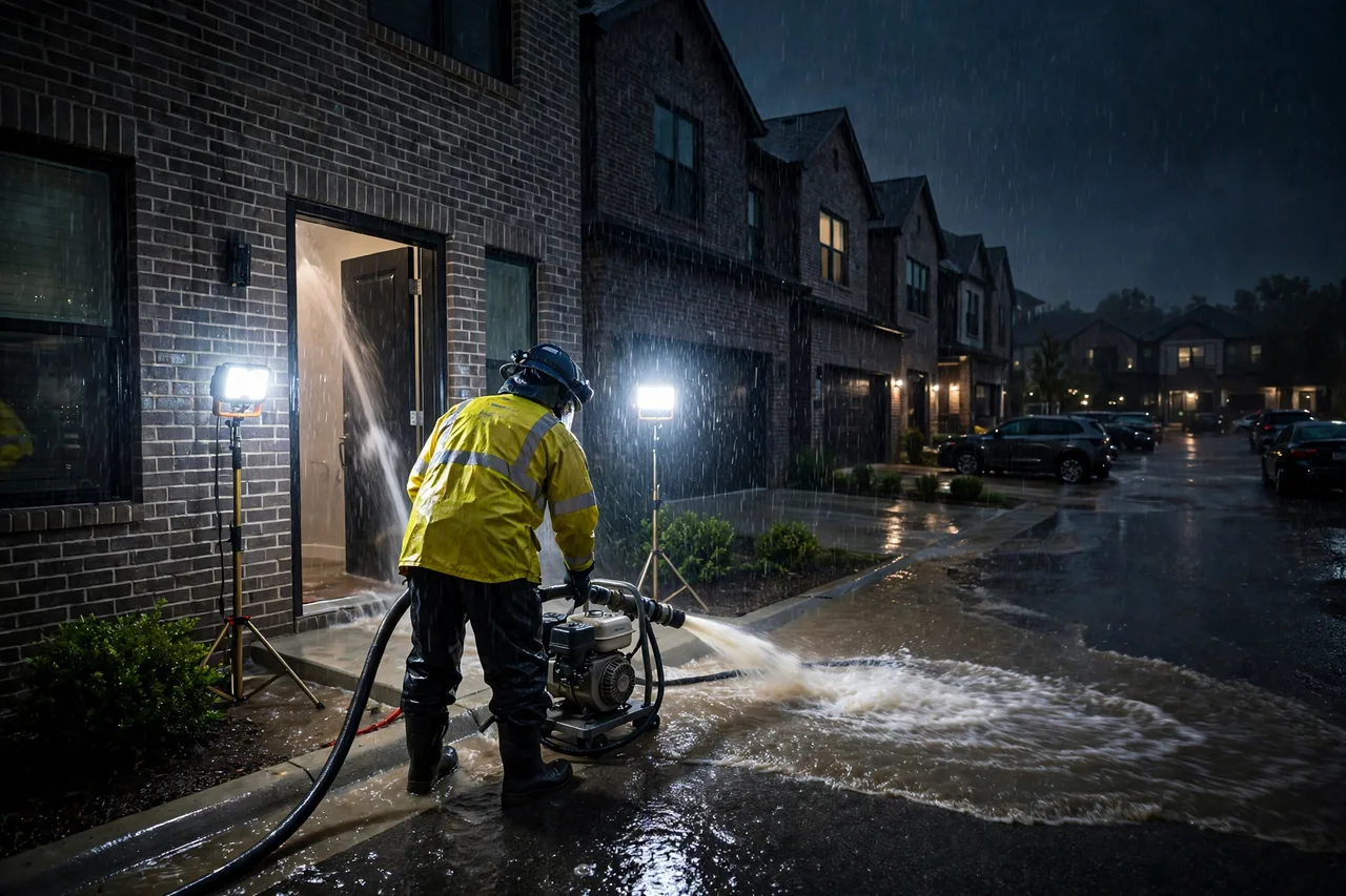 Emergency Flood Water Cleanup Addison, TX — pro pumping rising flood water out of a home at night