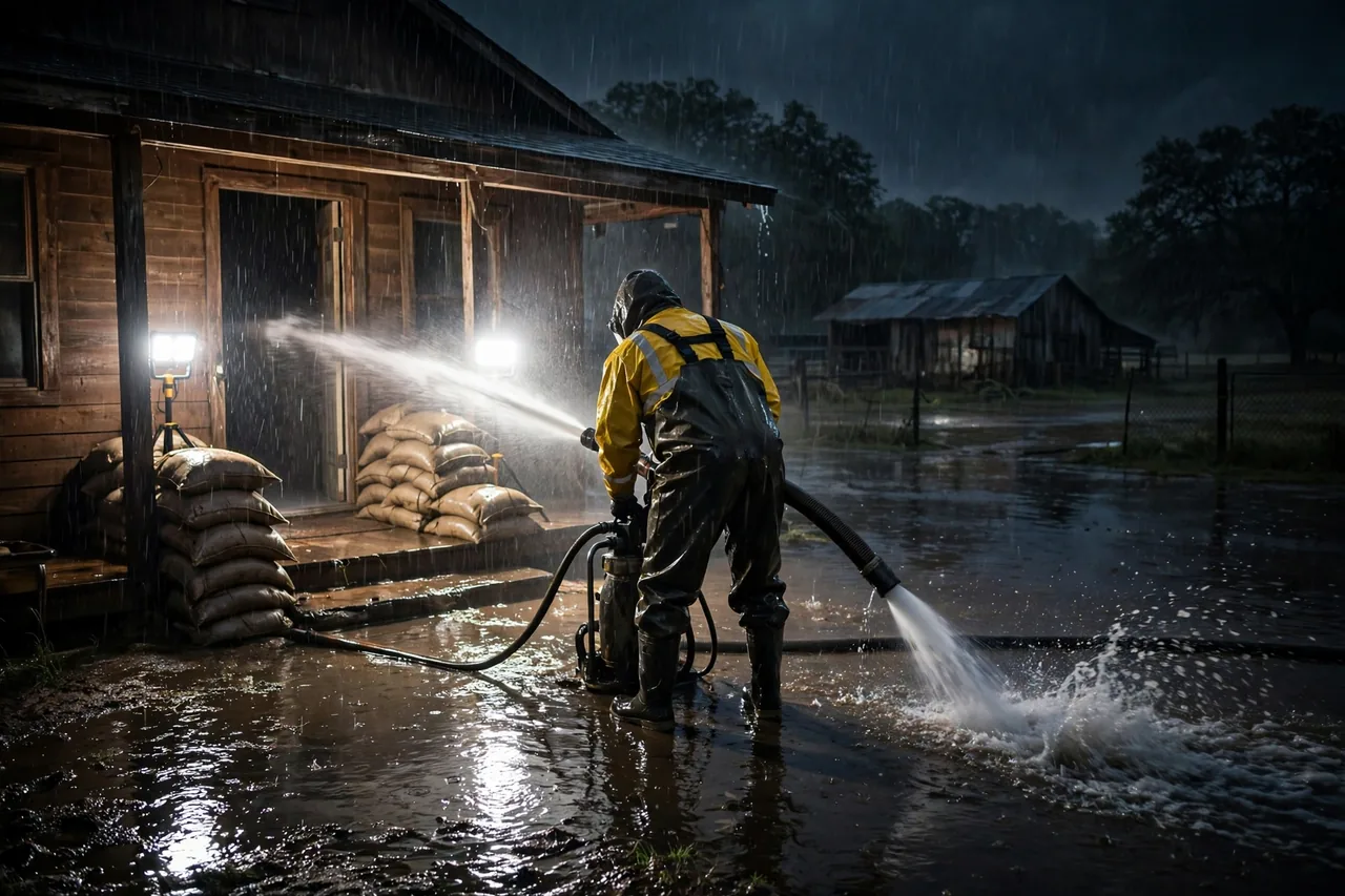 Emergency Flood Water Cleanup Adkins, TX — pro pumping rising flood water out of a home at night