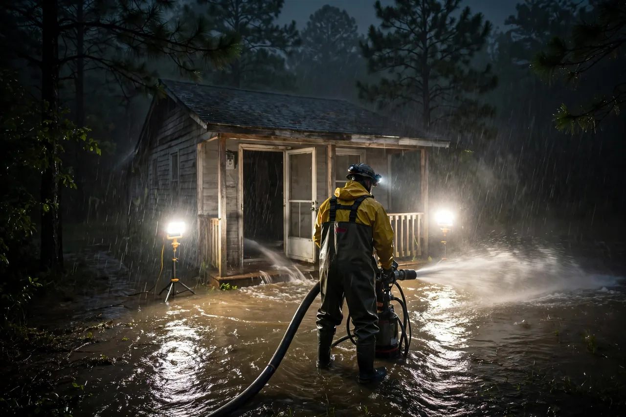 Emergency Flood Water Cleanup Alba, TX — pro pumping rising flood water out of a home at night