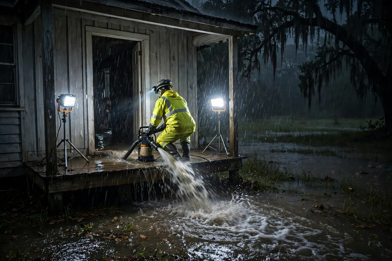 Emergency Flood Water Cleanup Albany, LA — pro pumping rising flood water out of a home at night