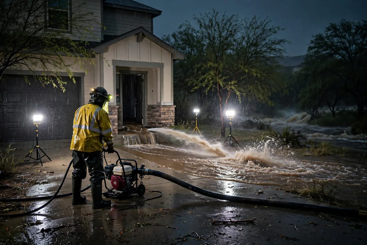 Emergency Flood Water Cleanup Aledo, TX — pro pumping rising flood water out of a home at night