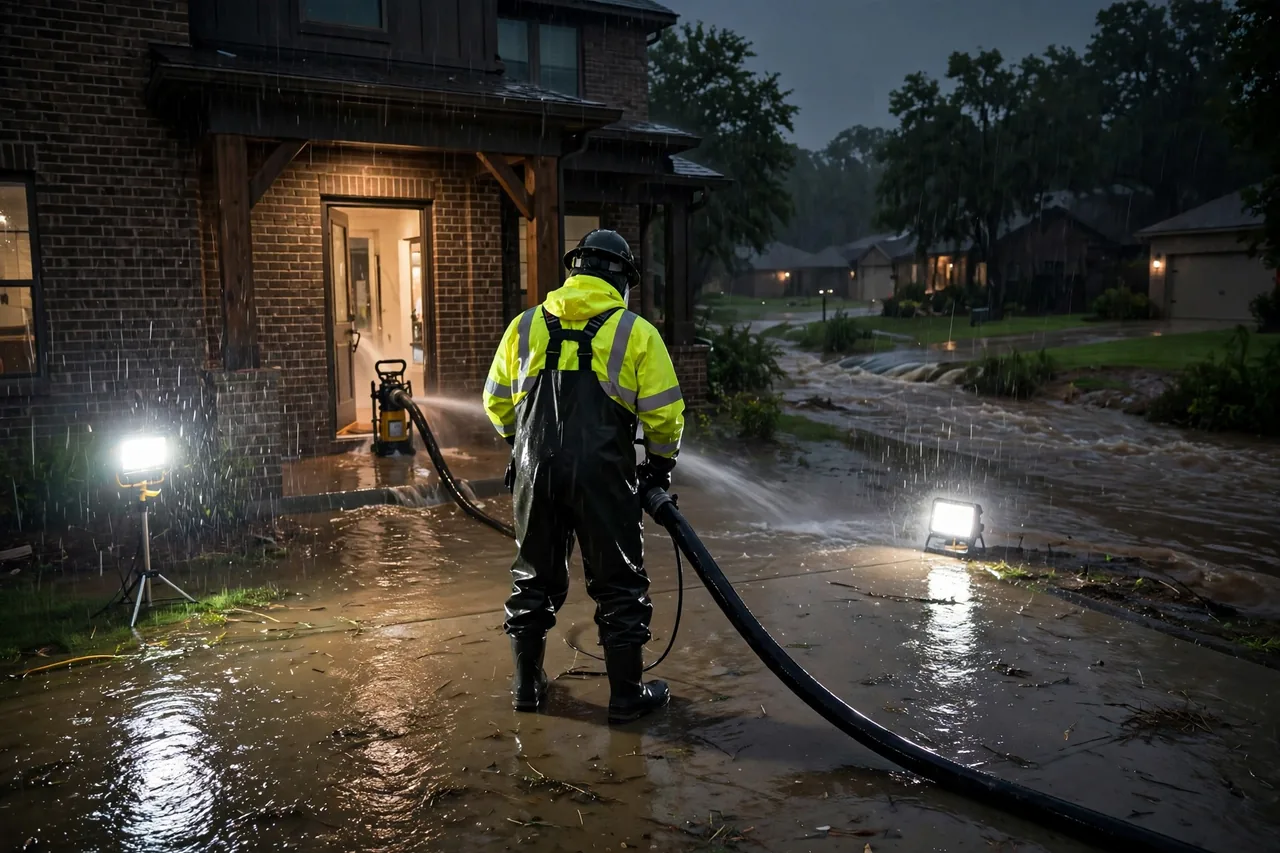 Emergency Flood Water Cleanup Allen, TX — pro pumping rising flood water out of a home at night