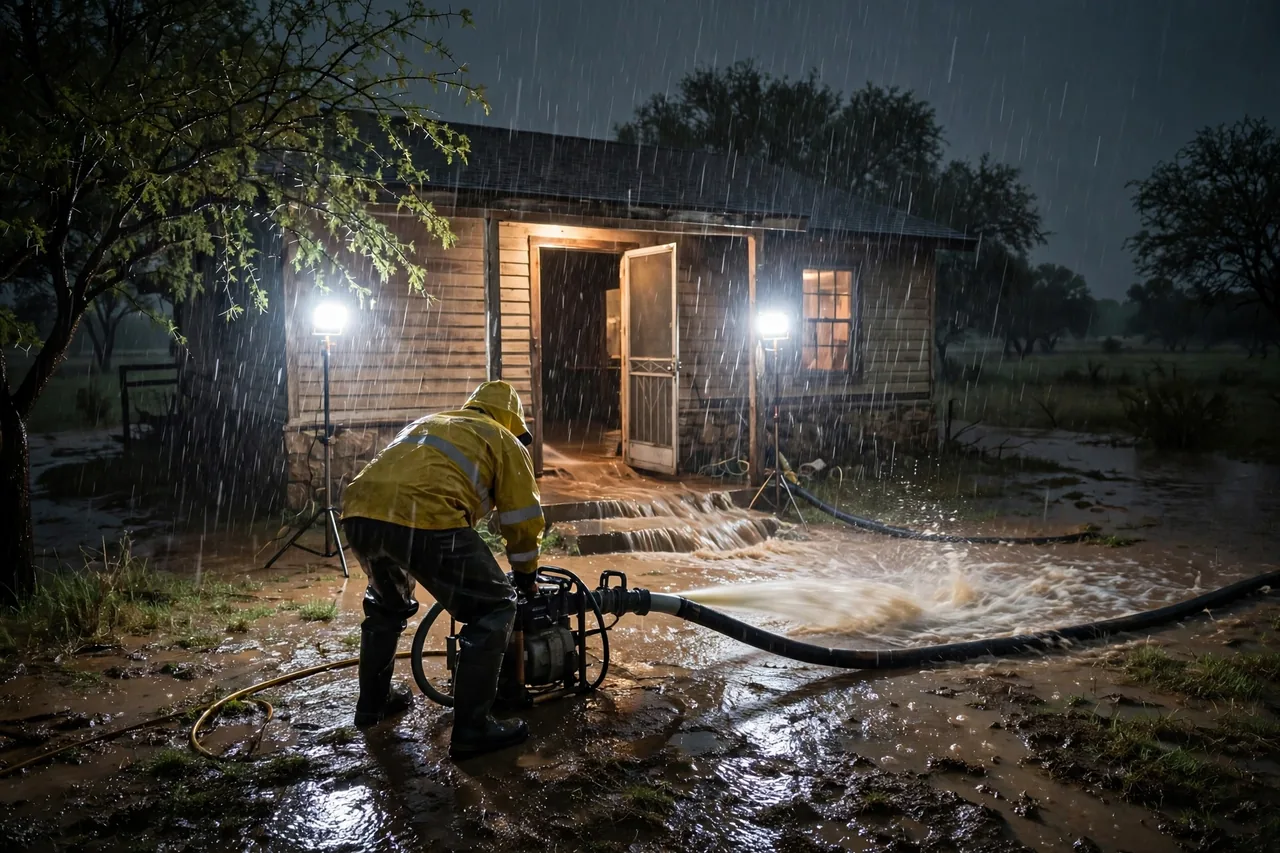 Emergency Flood Water Cleanup Alleyton, TX — pro pumping rising flood water out of a home at night