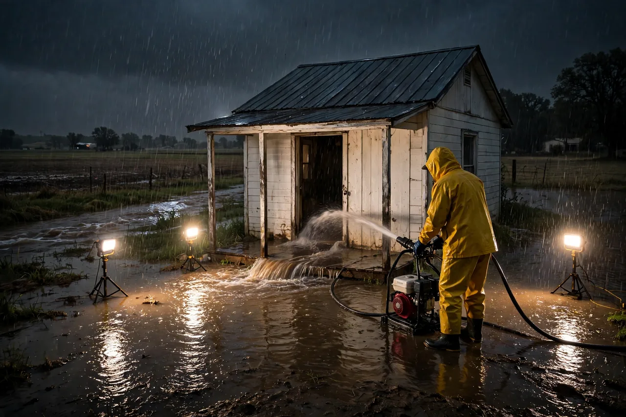 Emergency Flood Water Cleanup Altair, TX — pro pumping rising flood water out of a home at night