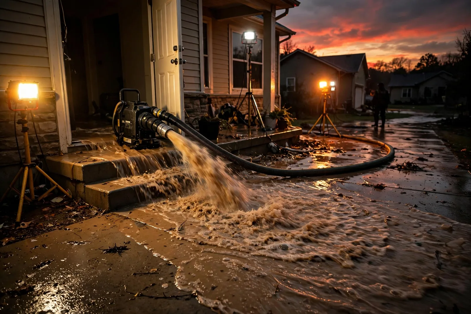 Emergency Flood Water Cleanup Altamonte Springs, FL — pro pumping rising flood water out of a home at night