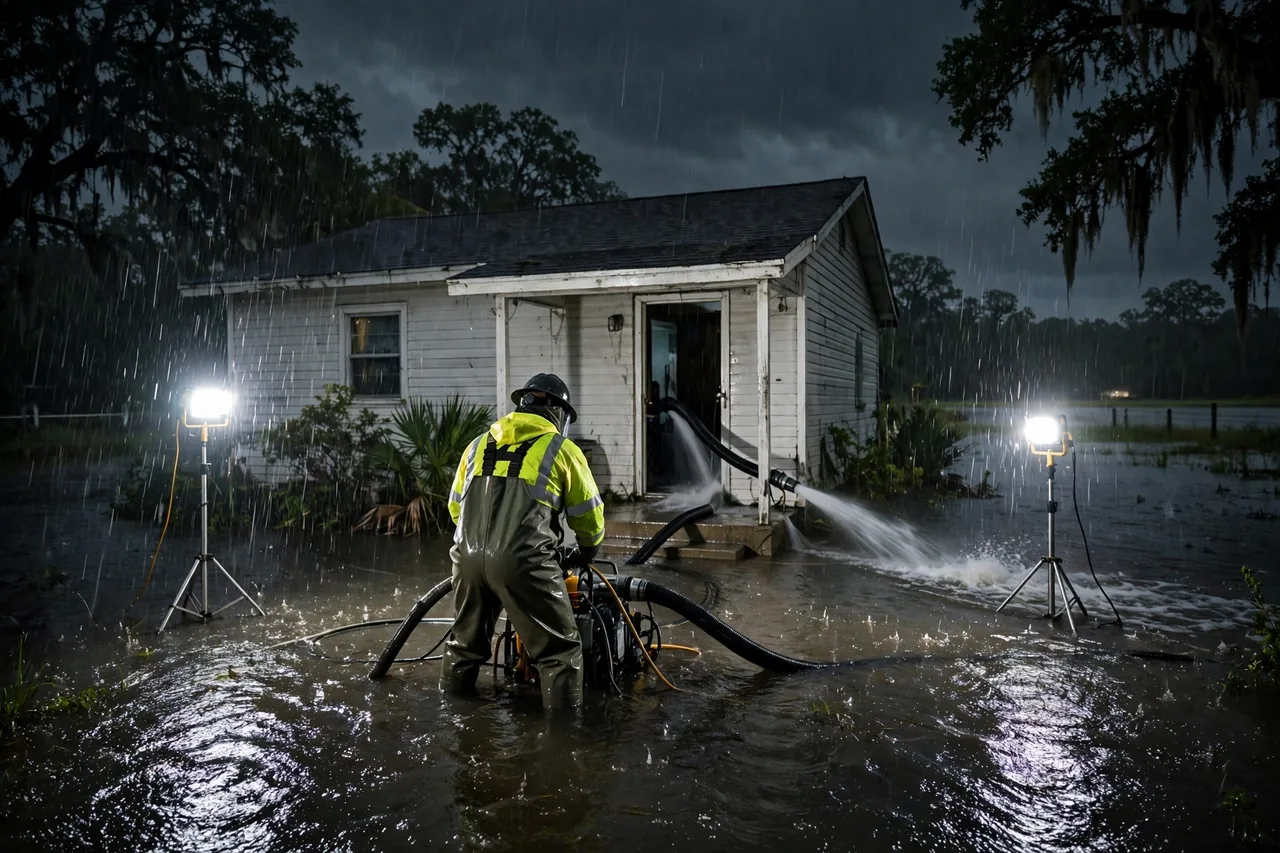 Emergency Flood Water Cleanup Alva, FL — pro pumping rising flood water out of a home at night