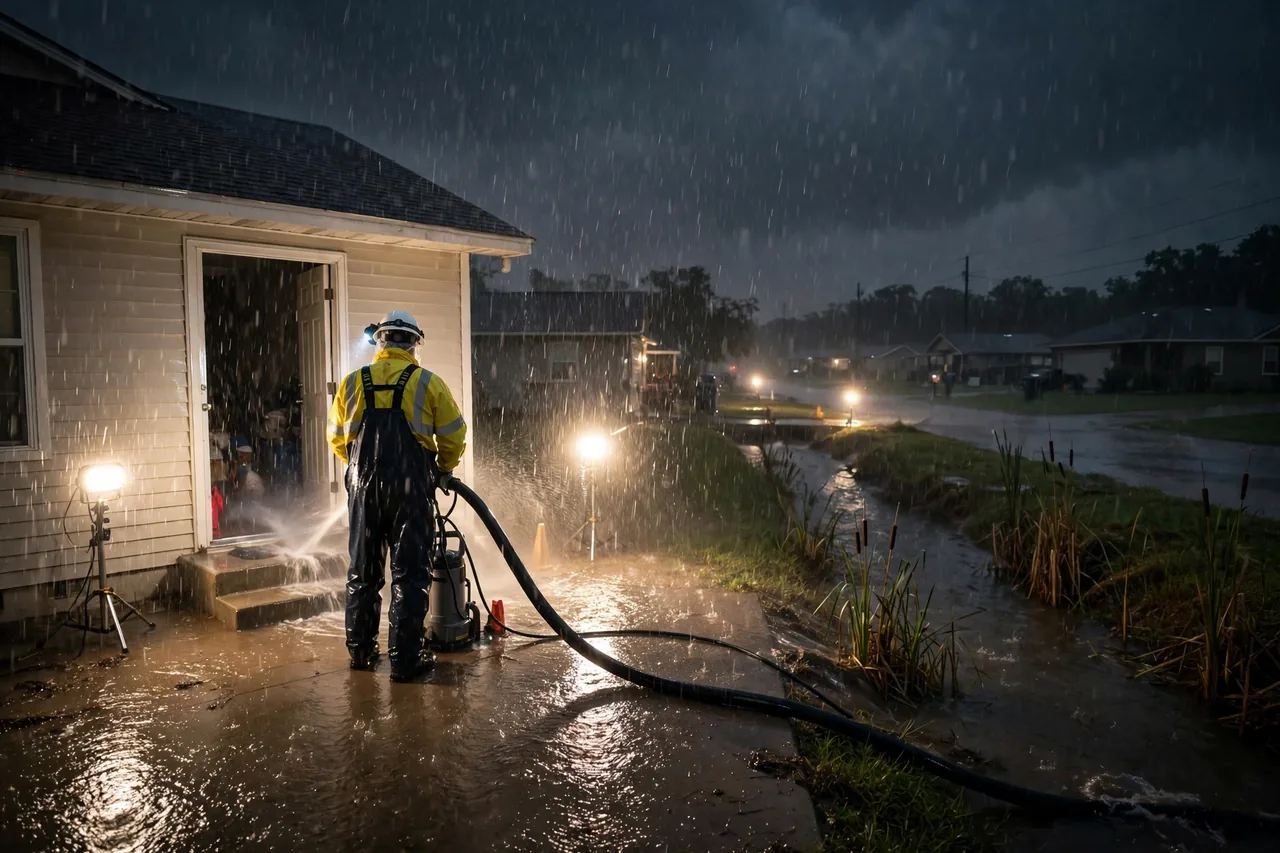 Emergency Flood Water Cleanup Alvin, TX — pro pumping rising flood water out of a home at night