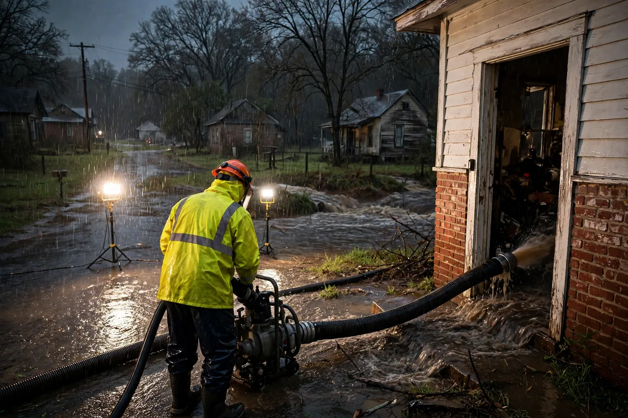 Emergency Flood Water Cleanup Alvord, TX — pro pumping rising flood water out of a home at night