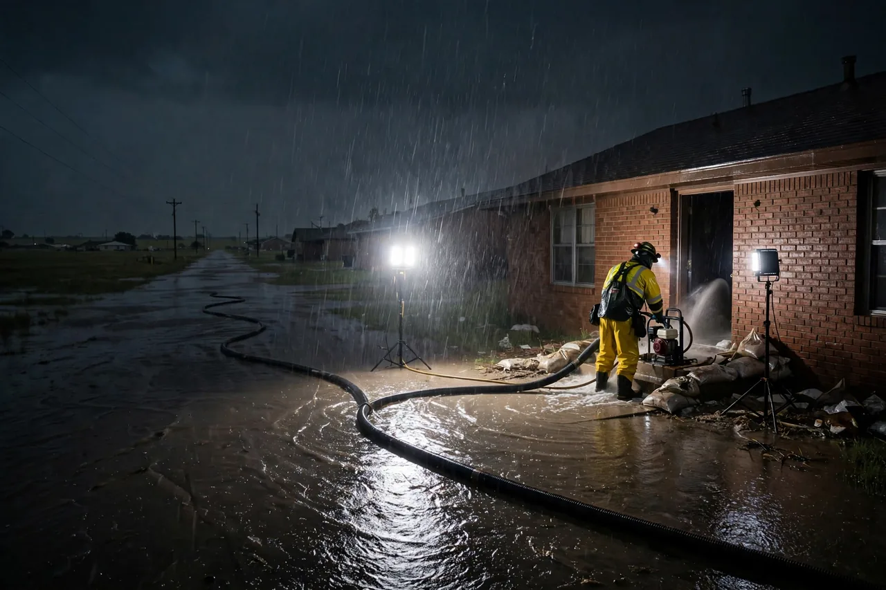 Emergency Flood Water Cleanup Amarillo, TX — pro pumping rising flood water out of a home at night