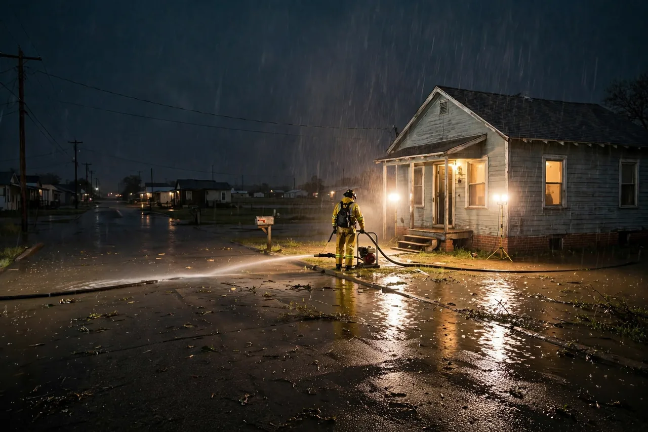 Emergency Flood Water Cleanup Amherst, TX — pro pumping rising flood water out of a home at night