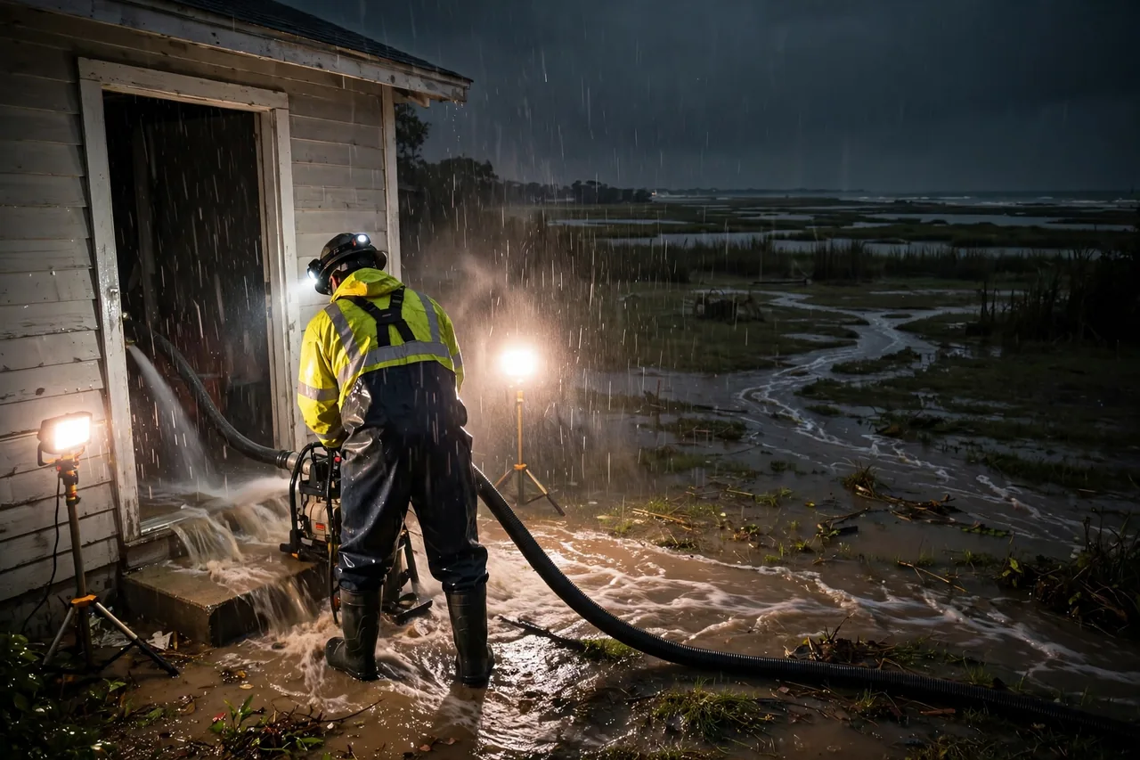 Emergency Flood Water Cleanup Anahuac, TX — pro pumping rising flood water out of a home at night