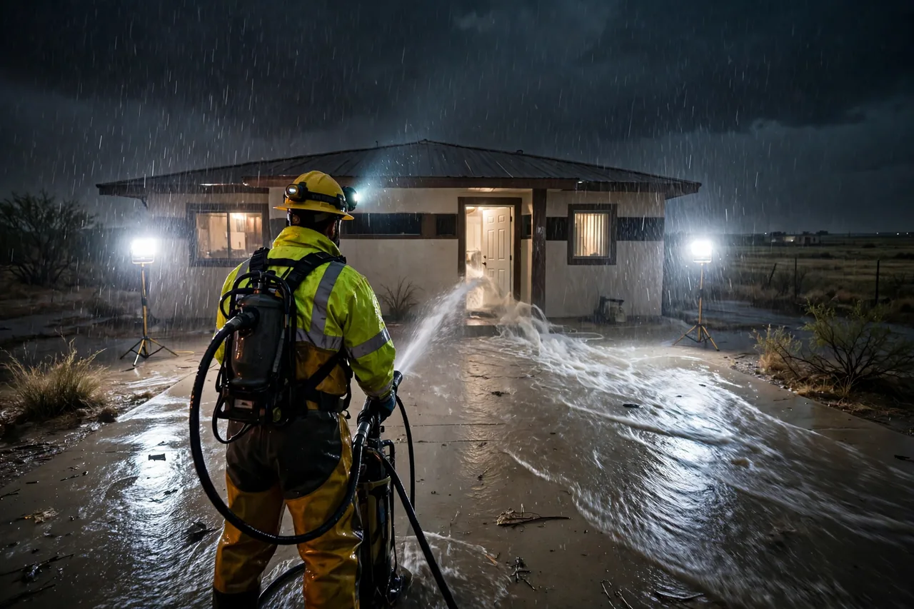 Emergency Flood Water Cleanup Andrews, TX — pro pumping flood water out of a home at night