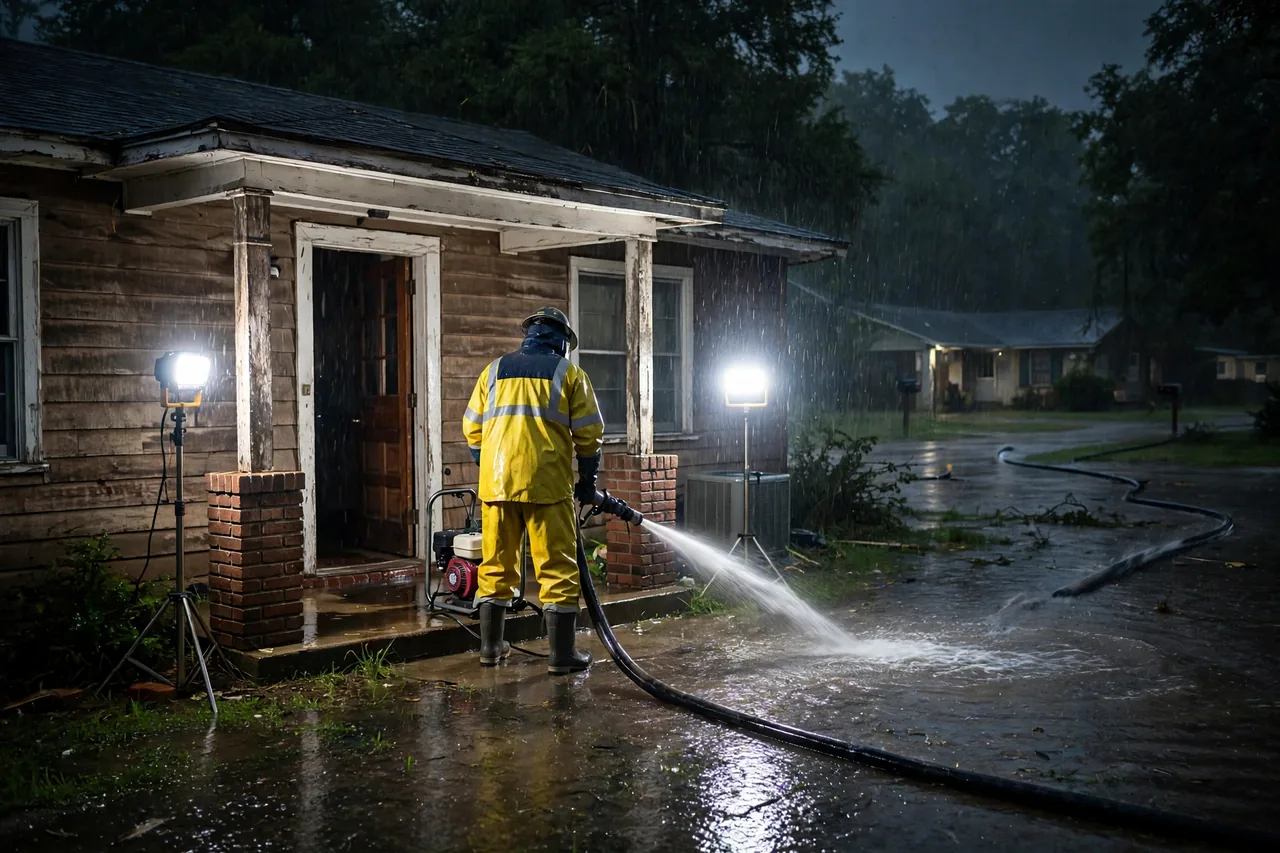 Emergency Flood Water Cleanup Angleton, TX — pro pumping rising flood water out of a home at night
