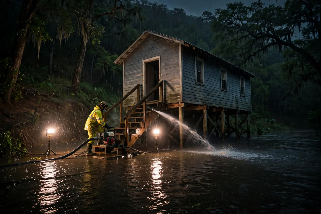 Emergency Flood Water Cleanup Angola, LA — pro pumping rising river flood water from a home at night