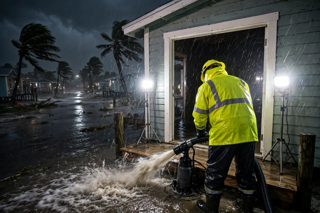 Emergency Flood Water Cleanup Anna Maria, FL — pro pumping rising flood water out of a home at night