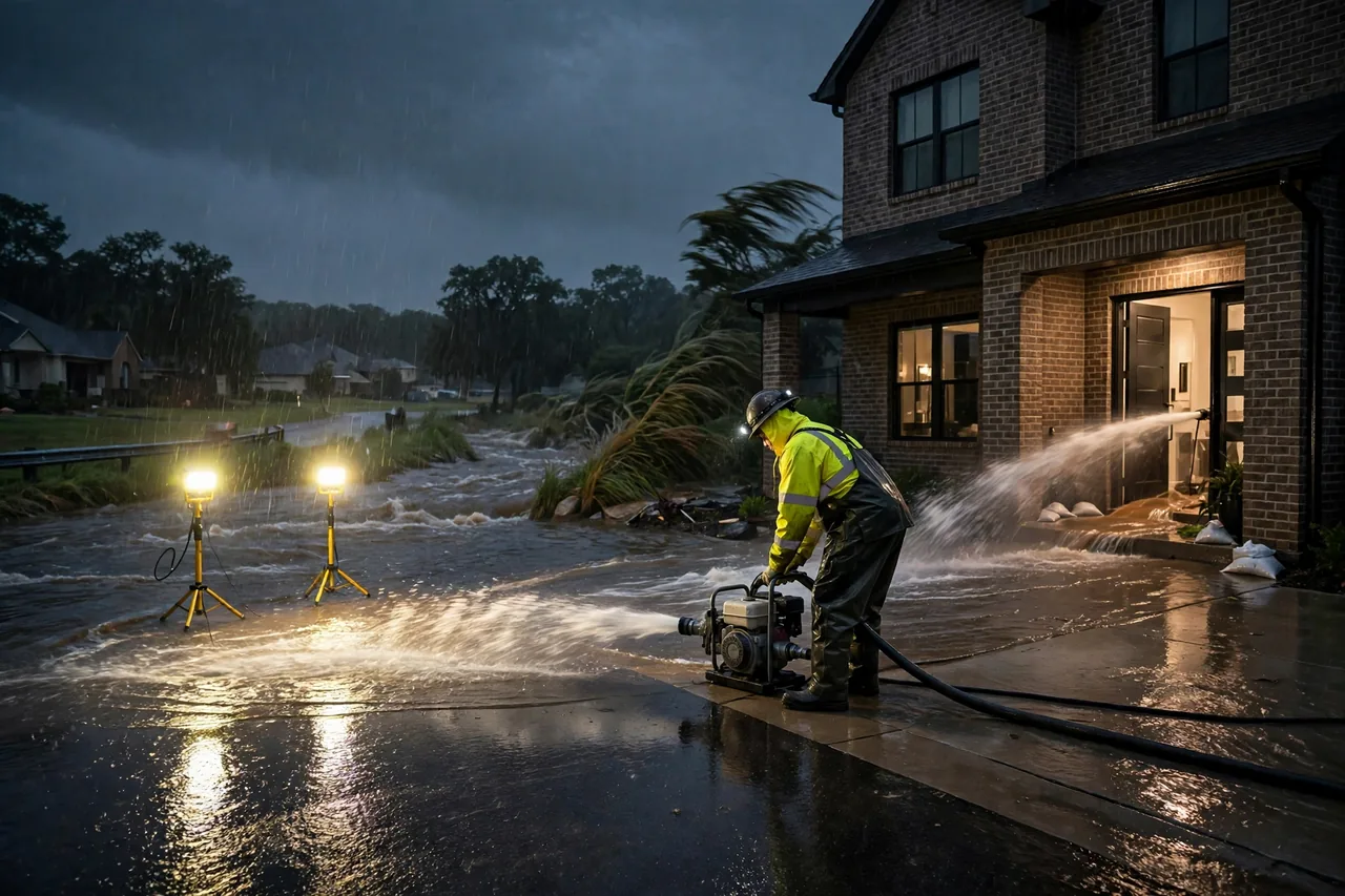 Emergency Flood Water Cleanup Anna, TX — pro pumping rising flood water out of a home at night