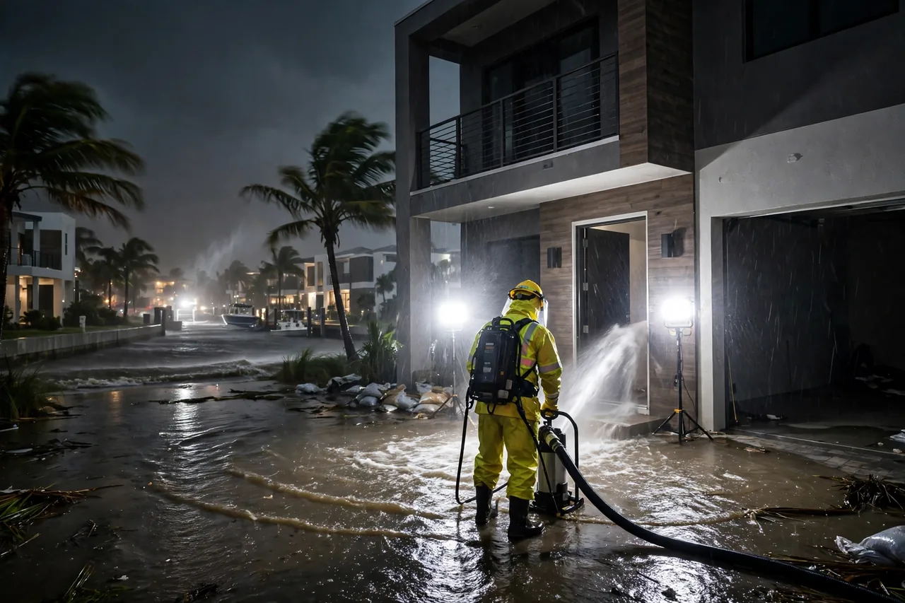 Emergency Flood Water Cleanup Apollo Beach, FL — pro pumping rising flood water out of a home at night