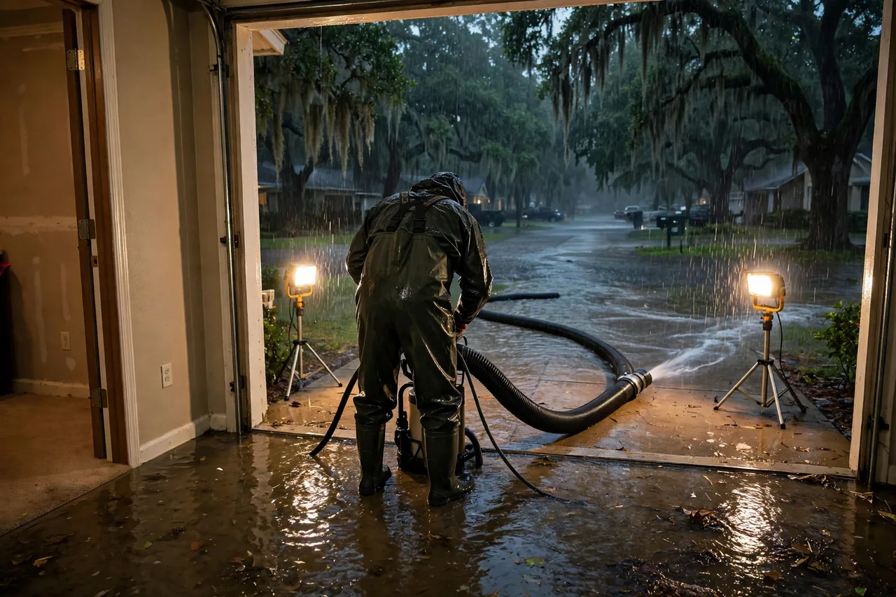 Emergency Flood Water Cleanup Apopka, FL — pro pumping rising flood water out of a home at night