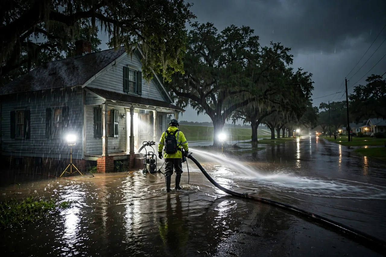 Emergency Flood Water Cleanup Arabi, LA — pro pumping rising flood water out of a low-lying home at night
