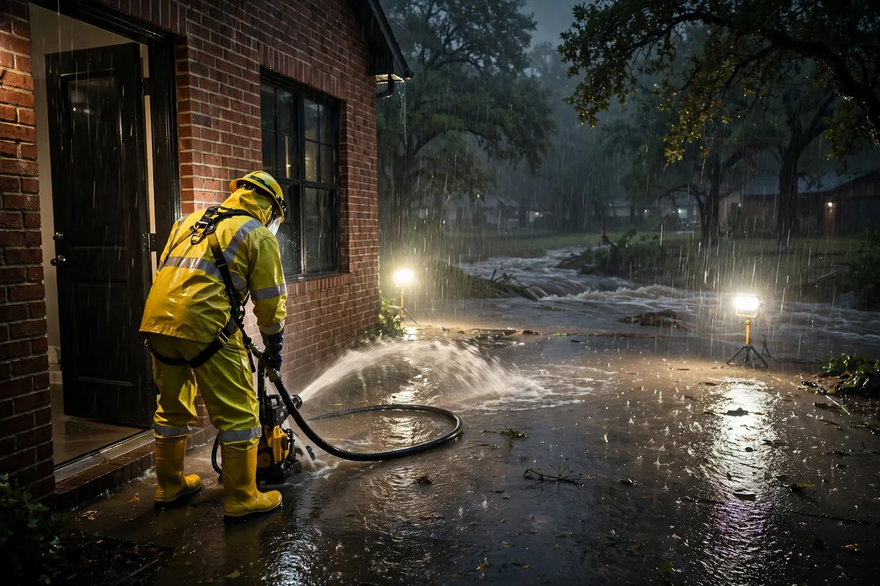 Emergency Flood Water Cleanup Argyle, TX — pro pumping rising flood water out of a home at night