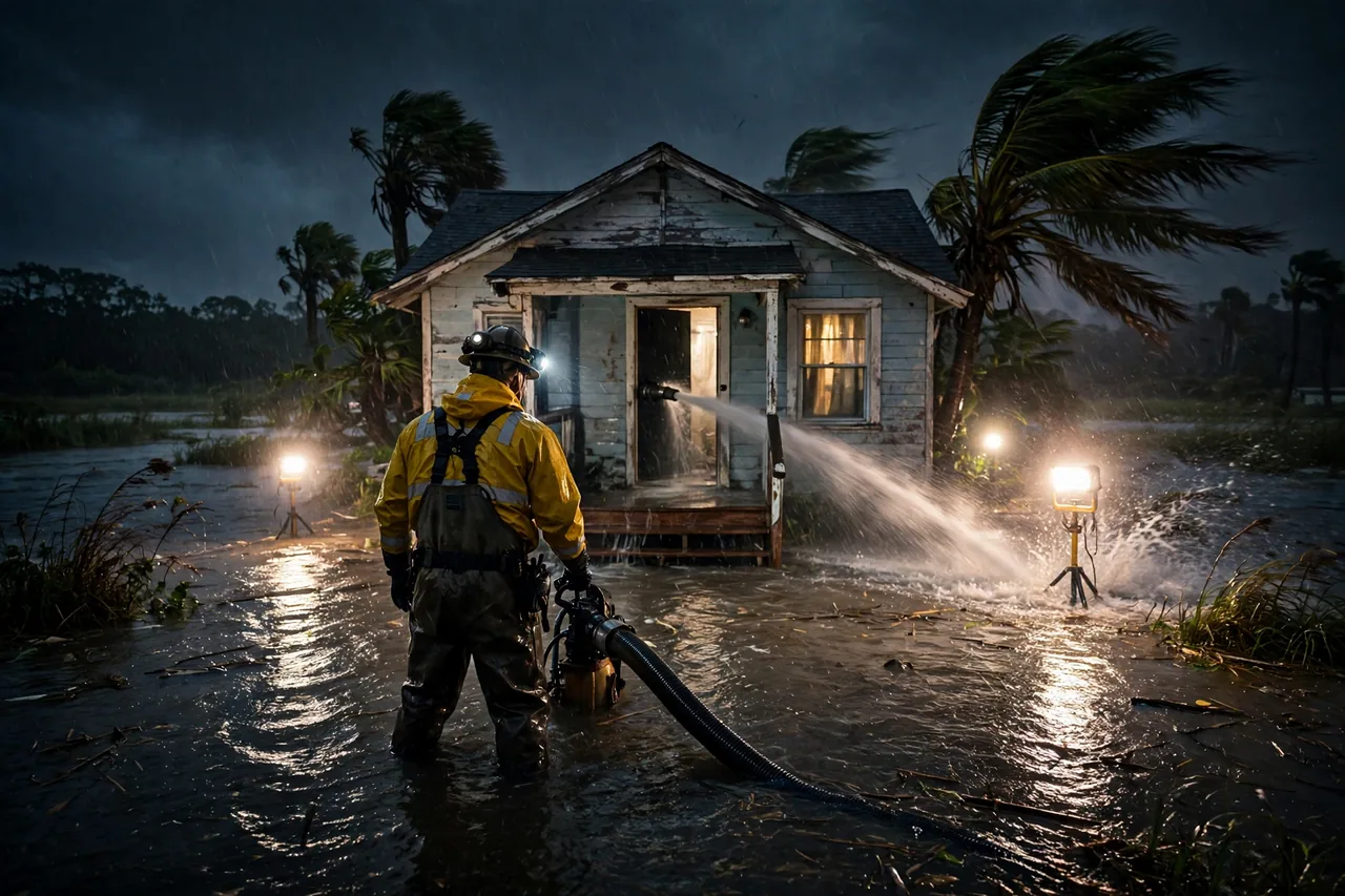 Emergency Flood Water Cleanup Aripeka, FL — pro pumping rising flood water out of a home at night
