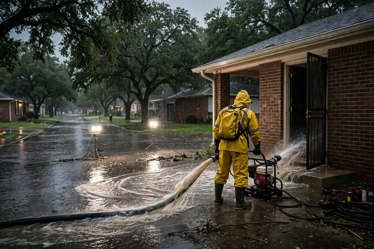 Emergency Flood Water Cleanup Arlington, TX — pro pumping rising flood water out of a home at night