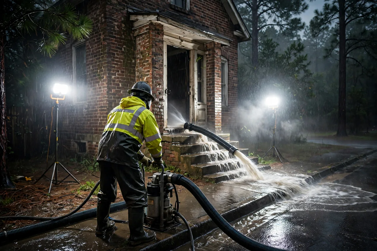 Emergency Flood Water Cleanup Arp, TX — pro pumping rising flood water out of a home at night