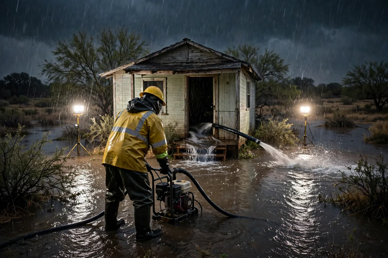 Emergency Flood Water Cleanup Artesia Wells, TX — pro pumping rising flood water out of a home at night