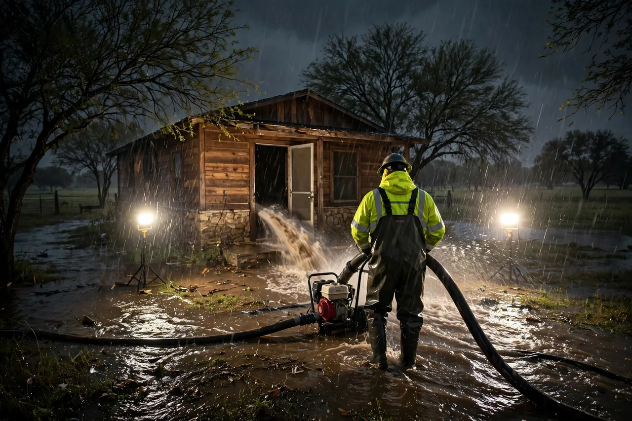 Emergency Flood Water Cleanup Atascosa, TX — pro pumping rising flood water out of a home at night