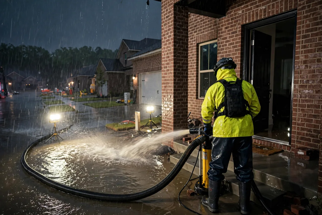 Emergency Flood Water Cleanup Aubrey, TX — pro pumping rising flood water out of a home at night