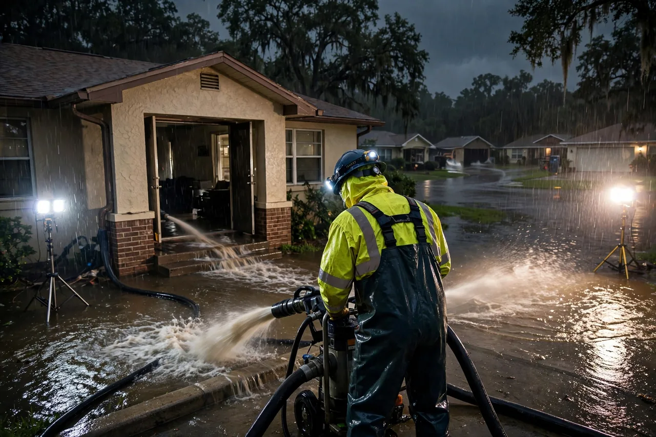 Emergency Flood Water Cleanup Auburndale, FL — pro pumping rising flood water out of a home at night
