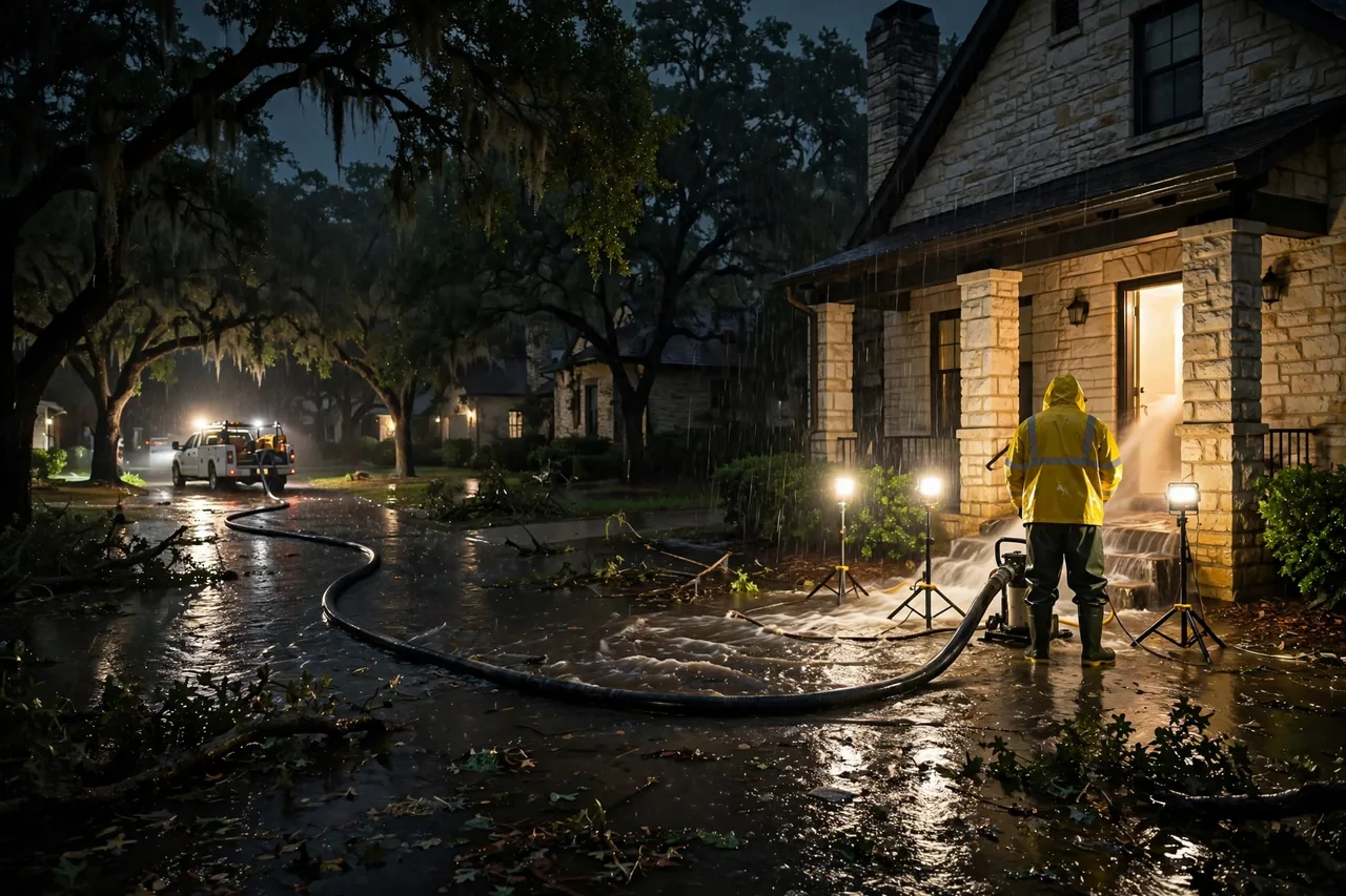 Emergency Flood Water Cleanup Austin, TX — pro pumping rising flood water out of a home at night