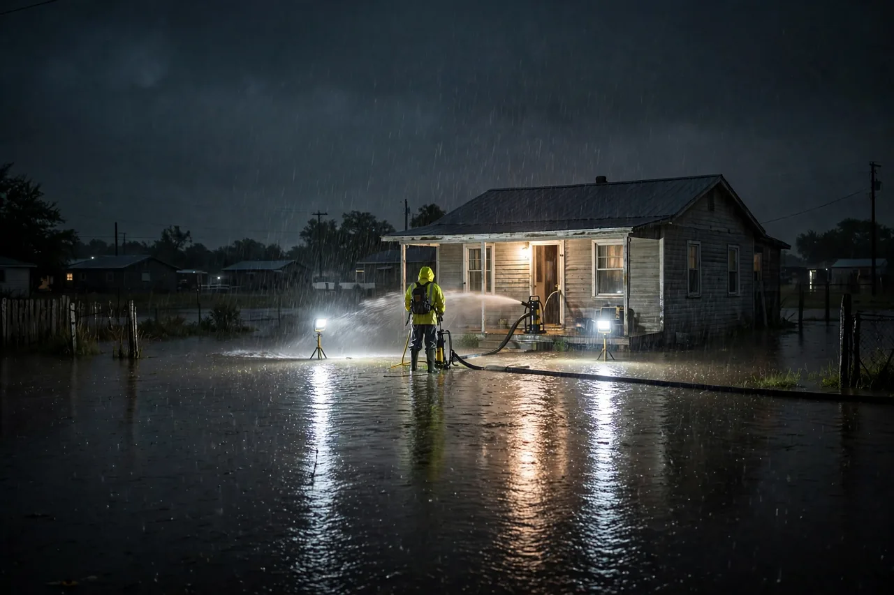 Emergency Flood Water Cleanup Austwell, TX — pro pumping rising flood water out of a home at night