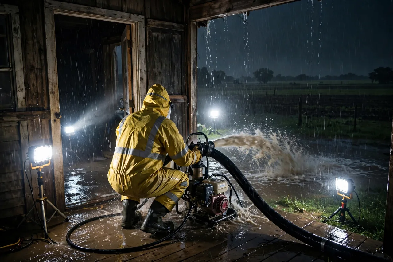 Emergency Flood Water Cleanup Avalon, TX — pro pumping rising flood water from a home at night