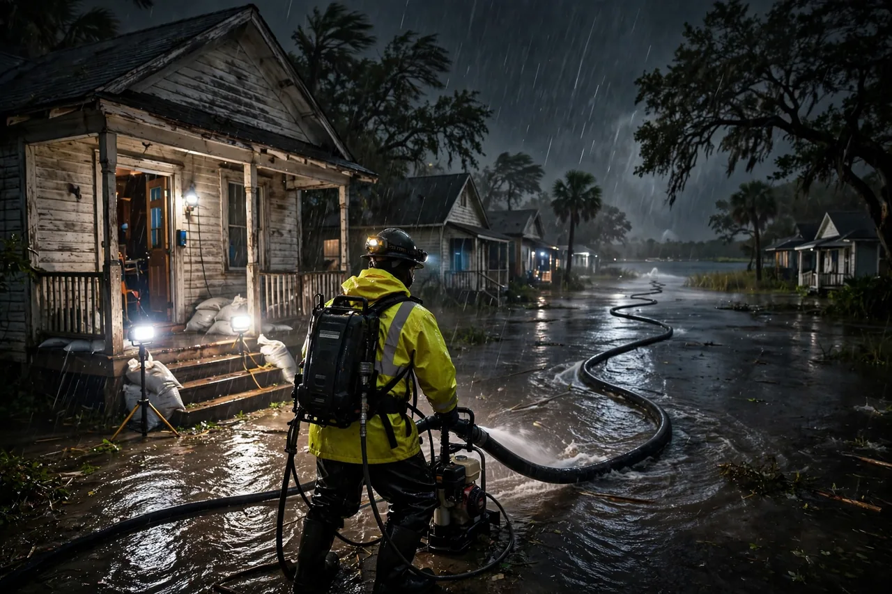 Emergency Flood Water Cleanup Avon Park, FL — pro pumping flood water from a home during a storm