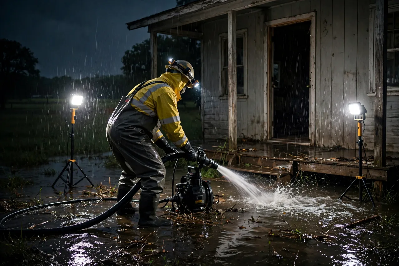 Emergency Flood Water Cleanup Axtell, TX — pro extracting rising flood water at night