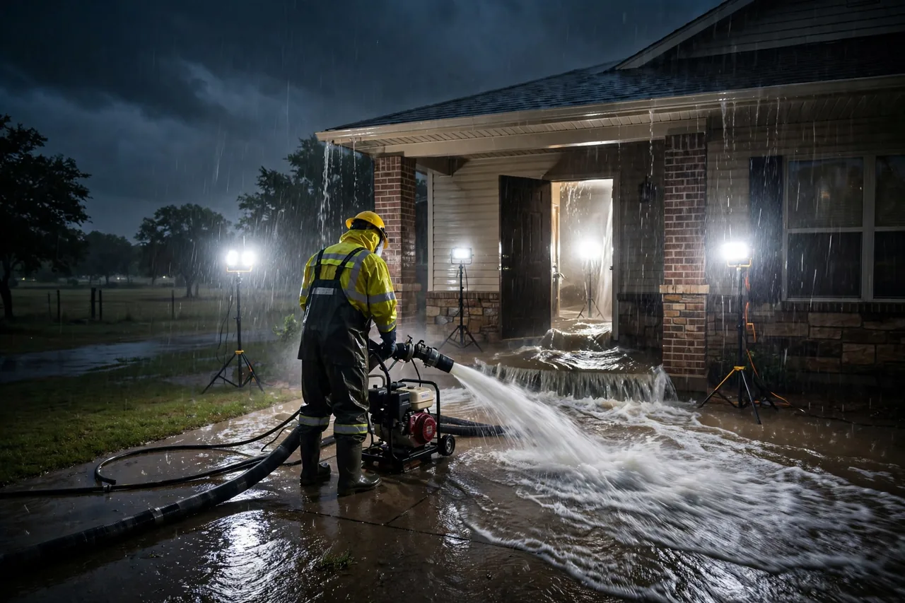 Emergency Flood Water Cleanup Azle, TX — pro pumping flood water from a home overnight