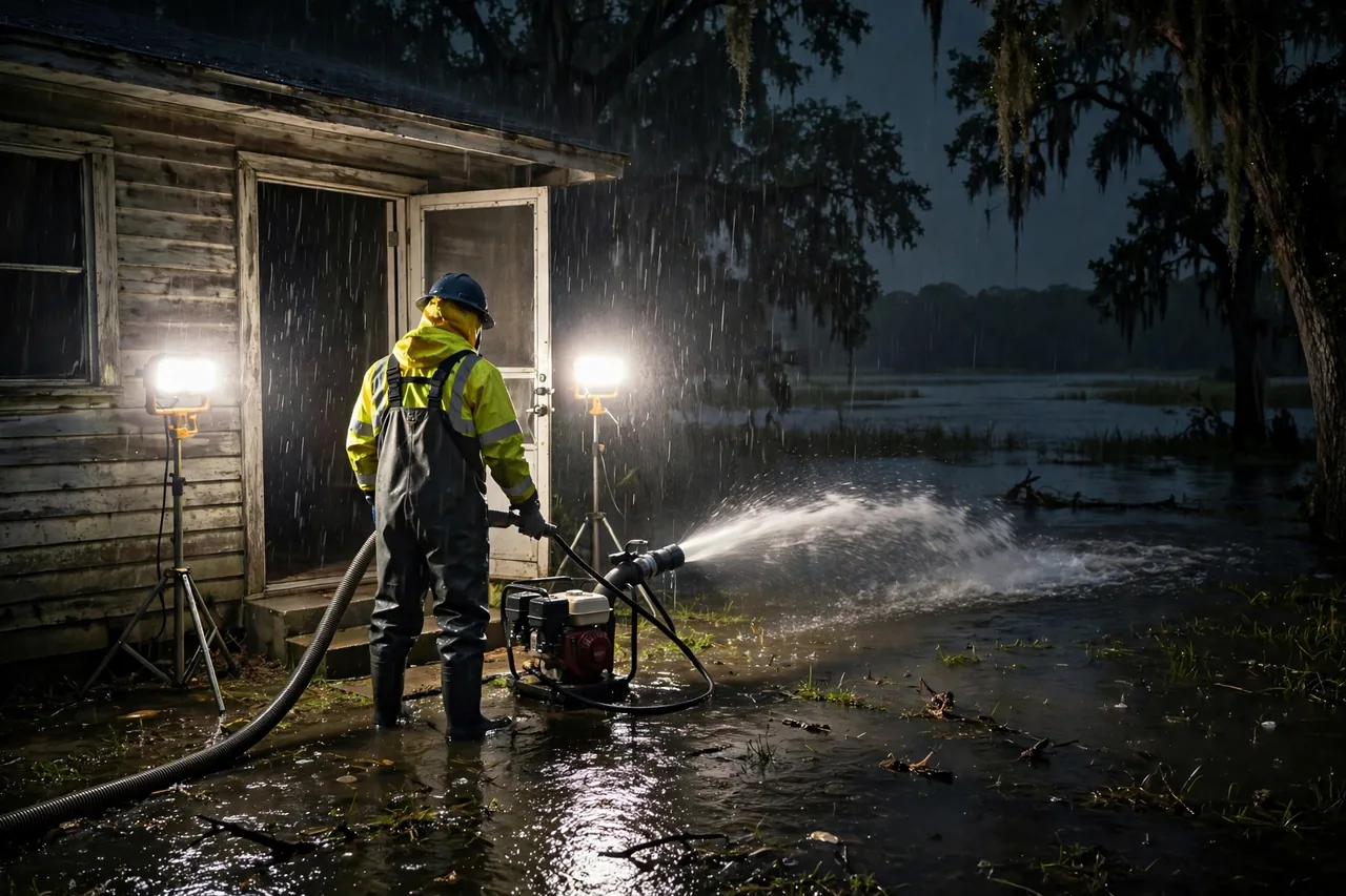 Emergency Flood Water Cleanup Babson Park, FL — crew pumping rising water from a home at night