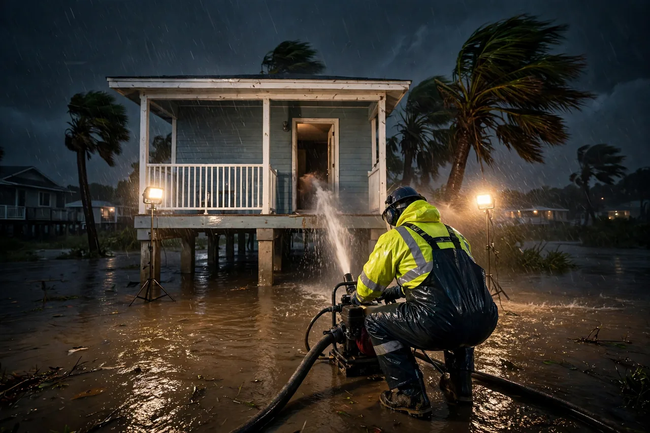 Emergency Flood Water Cleanup Bacliff, TX — pro pumping rising flood water out of a home at night