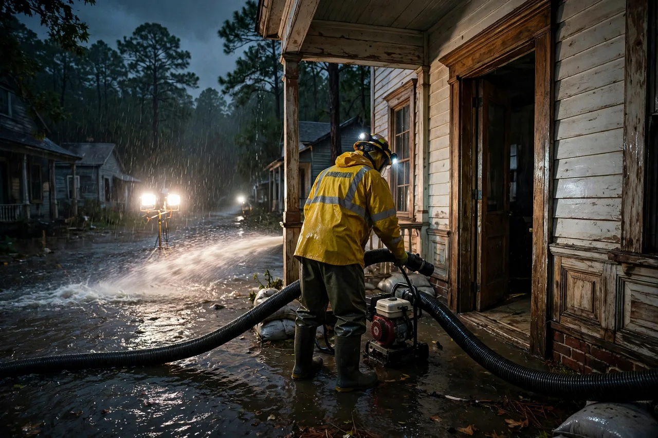 Emergency Flood Water Cleanup Bagdad, FL — pro pumping rising flood water out of a home at night