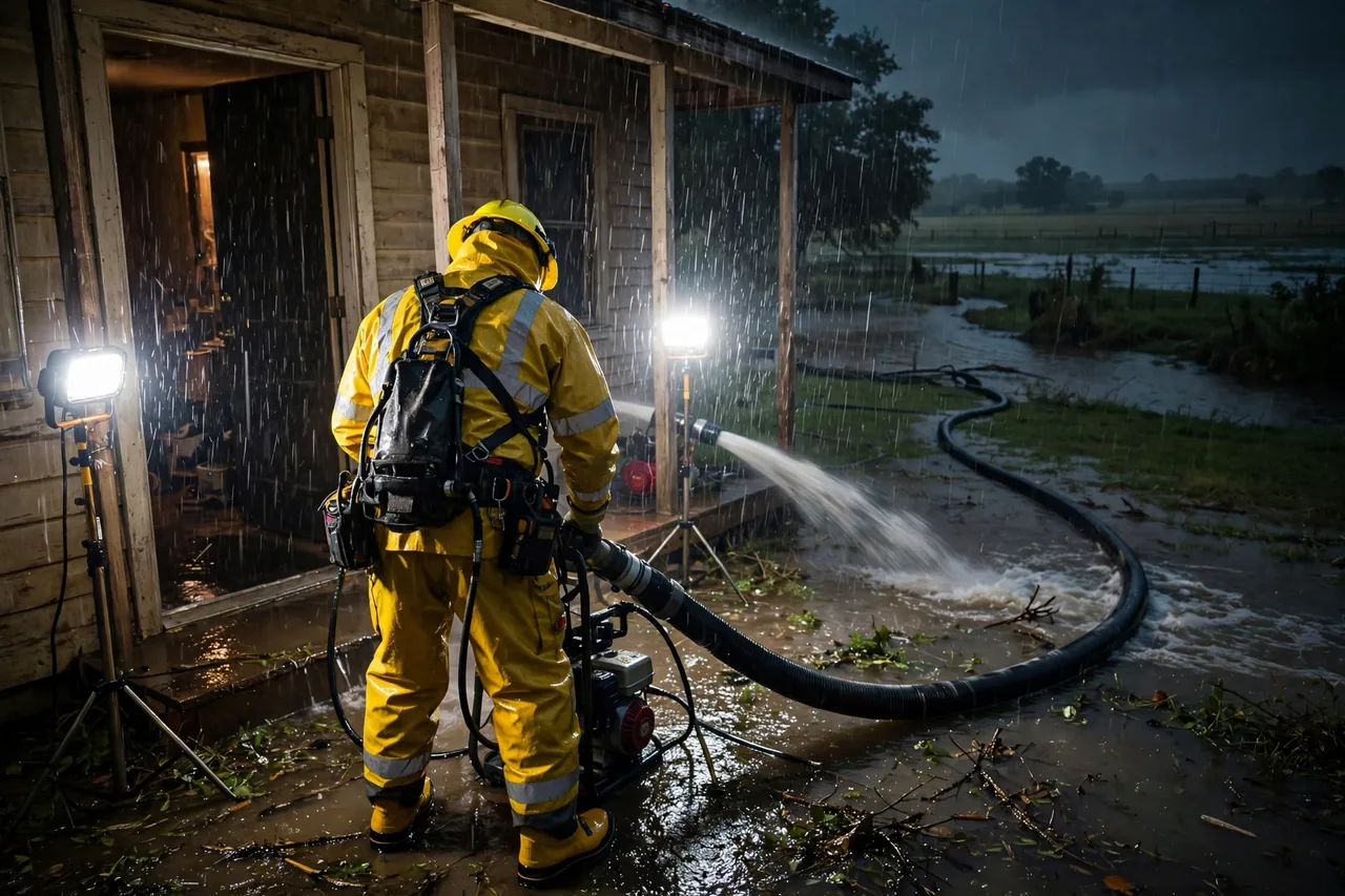 Emergency Flood Water Cleanup Bailey, TX — pro pumping rising flood water out of a home at night