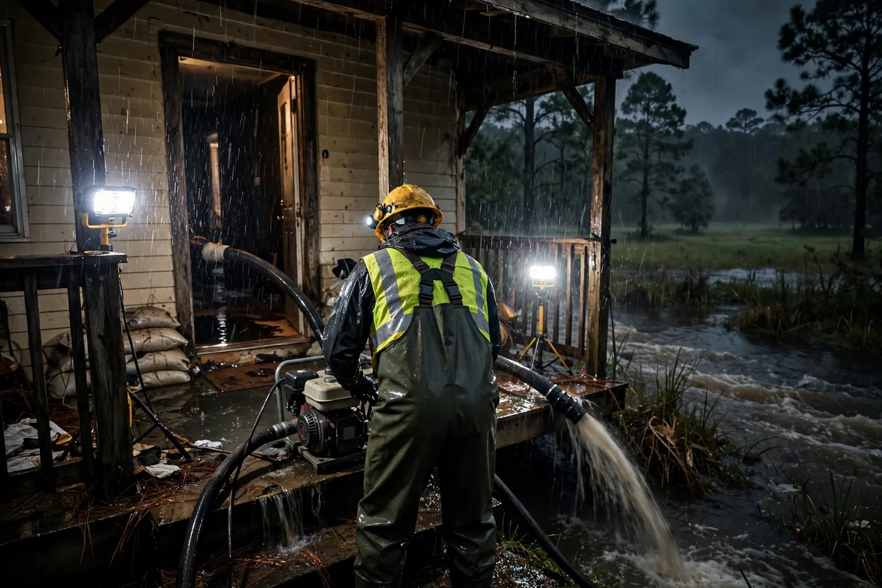 Emergency Flood Water Cleanup Baker, FL — pro pumping rising flood water out of a home at night