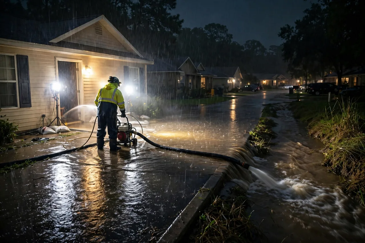 Emergency Flood Water Cleanup Baker, LA — pro pumping rising flood water out of a home at night