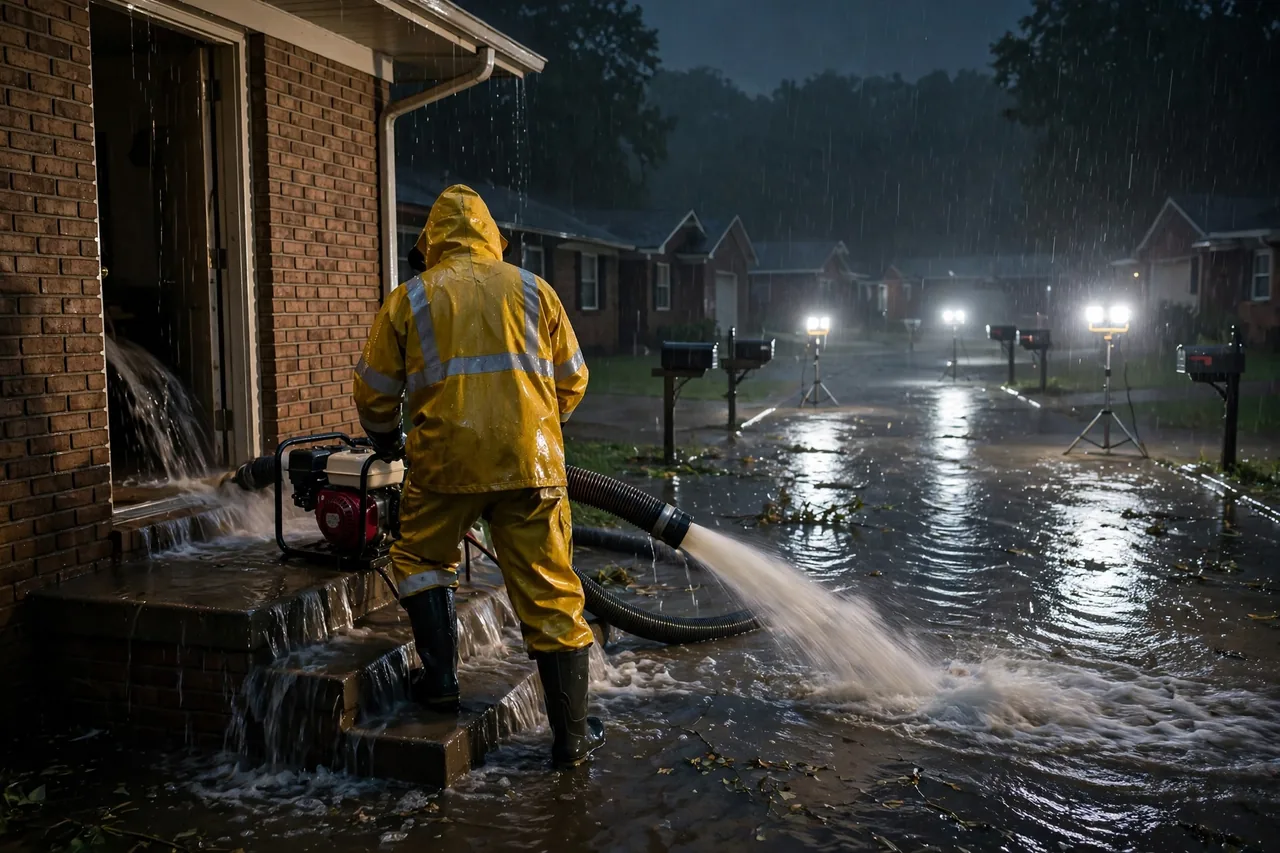 Emergency Flood Water Cleanup Balch Springs, TX — pro pumping rising flood water out of a home at night