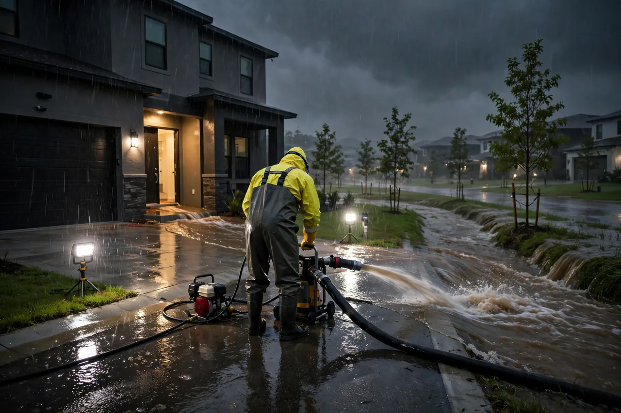 Emergency Flood Water Cleanup Balm, FL — pro pumping rising flood water out of a home at night