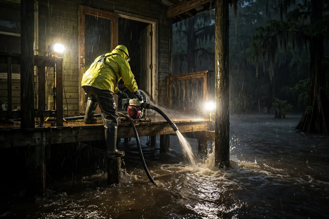 Emergency Flood Water Cleanup Barataria, LA — pro pumping rising bayou water out of a home at night